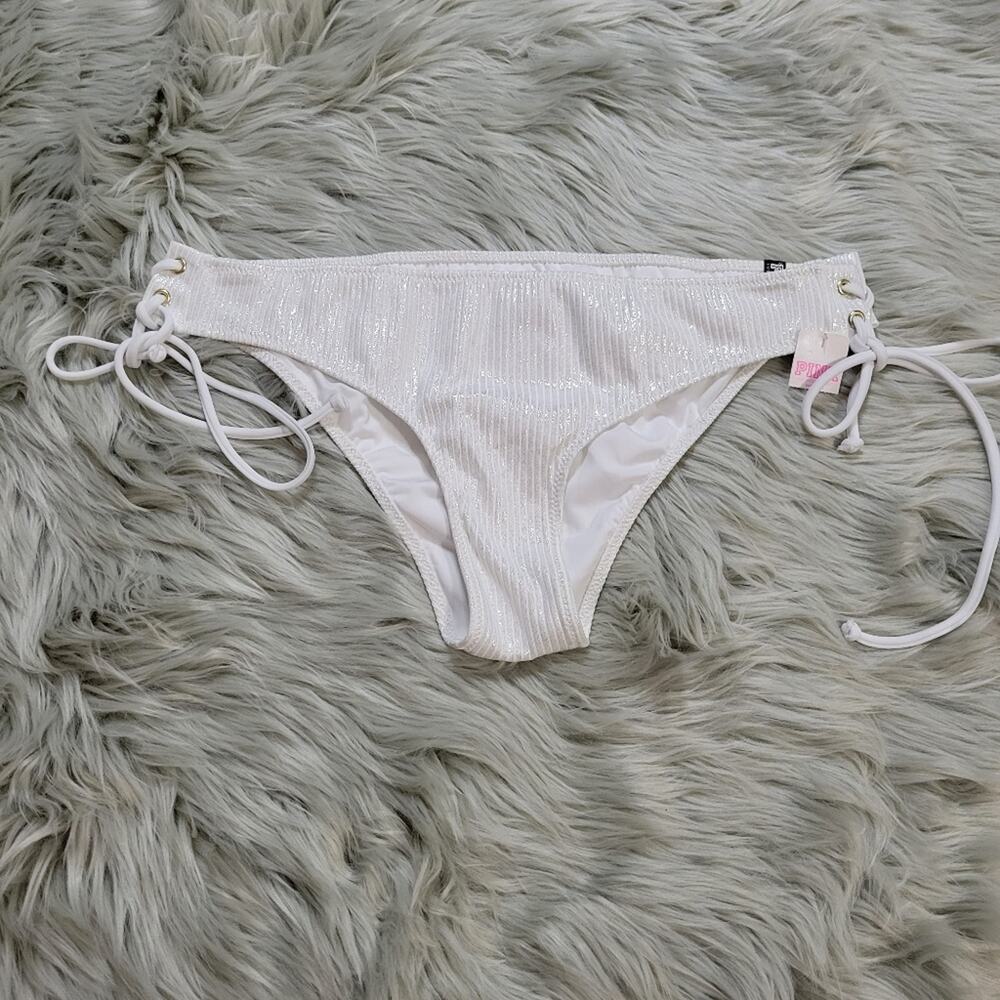PINK Victoria's Secret NWT Women's Swim Mini Cheekster White Shimmer Size L